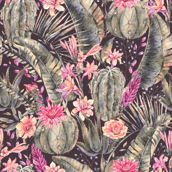 Exotische natürliche Vintage-Aquarell blühenden Kaktus nahtlose Patte — Stockfoto