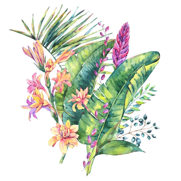 Exotische natuurlijke vintage aquarel bloeiende orchidee bloemen, banan — Stockfoto