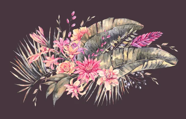 Екзотичні природні старовинні акварельні квіти орхідей, банани — стокове фото