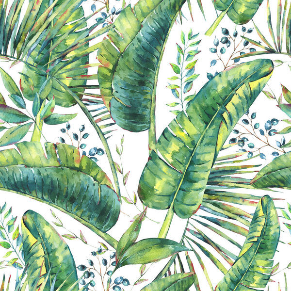 Exotic natural vintage watercolor seamless pattern of banana lea