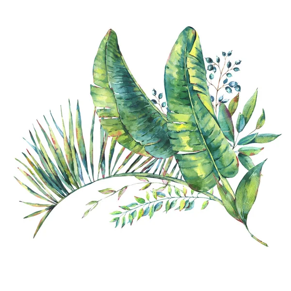 Biglietto d'auguri esotico acquerello naturale vintage di foglie di banana — Foto Stock