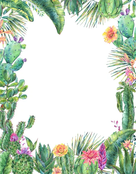 Exotic natural vintage watercolor blooming cactus vertical frame — Stock Photo, Image