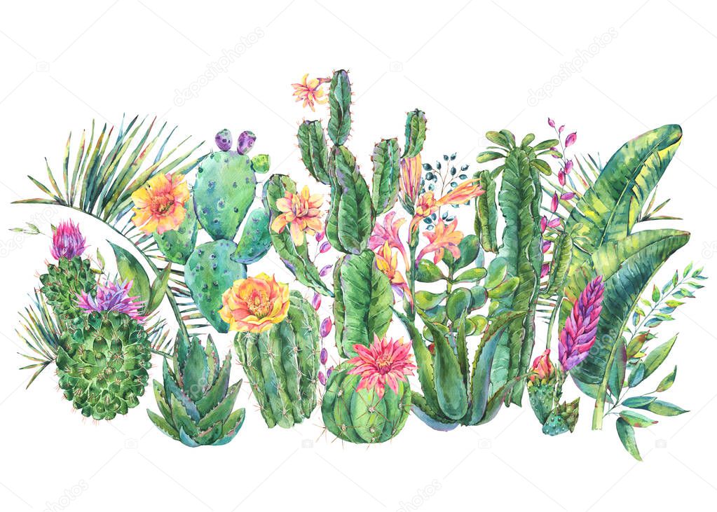 Exotic natural vintage watercolor blooming cactus greeting card.