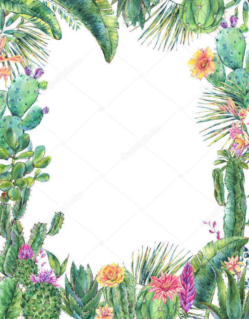 Exotic natural vintage watercolor blooming cactus vertical frame