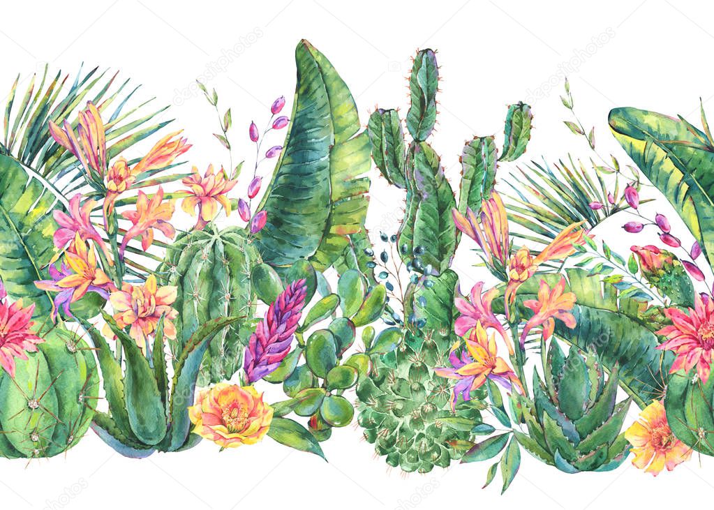 Exotic natural vintage watercolor blooming cactus seamless borde