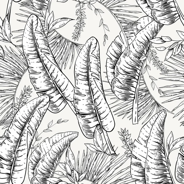 Векторный монохромный бесшовный рисунок тропических листьев, экзотическая на — стоковый вектор