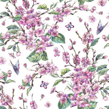 Suluboya bahar vintage çiçek seamless modeli pembe bloo ile