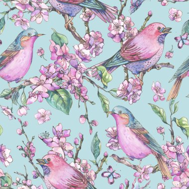 Suluboya çiçek bahar seamless modeli, pembe çiçek açan branche