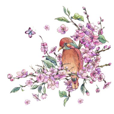 Dalları o suluboya çiçek bahar tebrik kartı, pembe çiçek