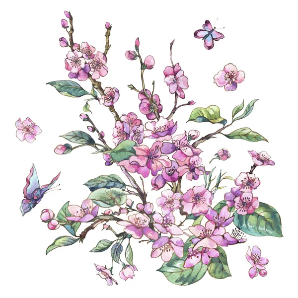 Acuarela rosa ramas florecientes de melocotón cereza, pera, sakura —  Fotos de Stock