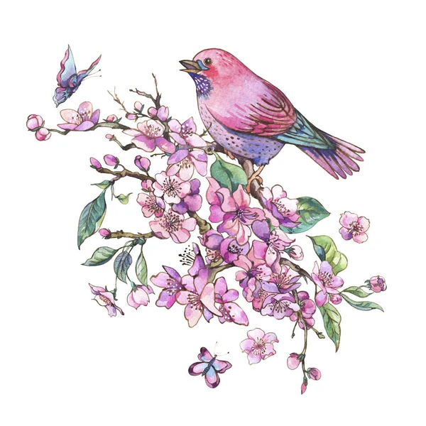 Tarjeta de felicitación de primavera floral acuarela, ramas florecientes rosadas o —  Fotos de Stock