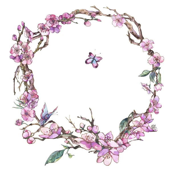 Tarjeta de felicitación de primavera de acuarela, marco redondo floral vintage con — Foto de Stock