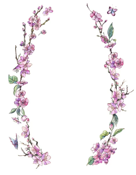Akvarell våren gratulationskort, vintage blommig krans med rosa — Stockfoto