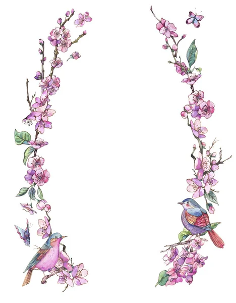 Cartão de saudação de primavera aquarela, moldura redonda floral vintage com — Fotografia de Stock