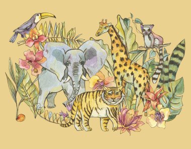 Suluboya orman illüstrasyon, doğal egzotik tropik tebrik