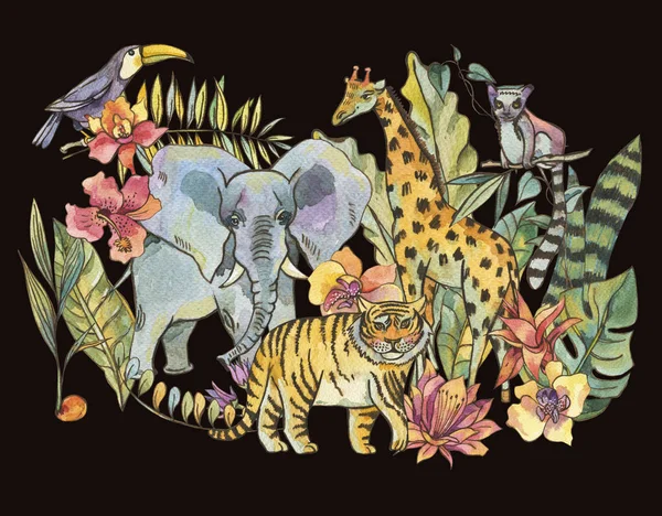 Akvarell dzsungel illusztráció, természetes egzotikus trópusi üdvözlés — Stock Fotó