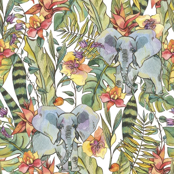 Acquerello giungla modello senza soluzione di continuità, Fiori di orchidee, liana an — Foto Stock
