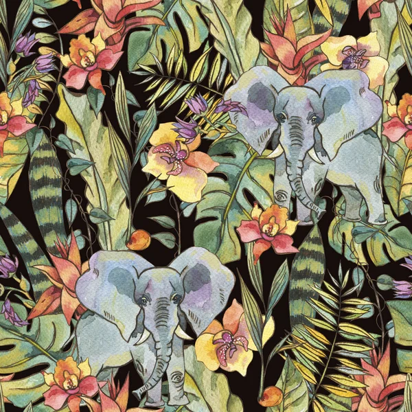 Акварельні джунглі безшовний візерунок, Квіти орхідей, Ліана — стокове фото
