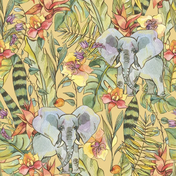 Акварельные джунгли бесшовный узор, Цветы орхидей, Лиана и — стоковое фото