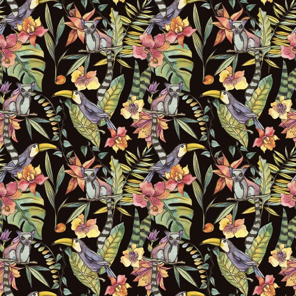 Watercolorl exotiska tropiska sömlösa mönster med orkidéer, lemur — Stockfoto