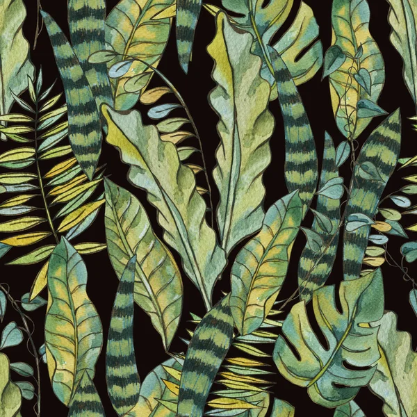 Acquerello Sfondo esotico senza soluzione di continuità con foglie tropicali — Foto Stock