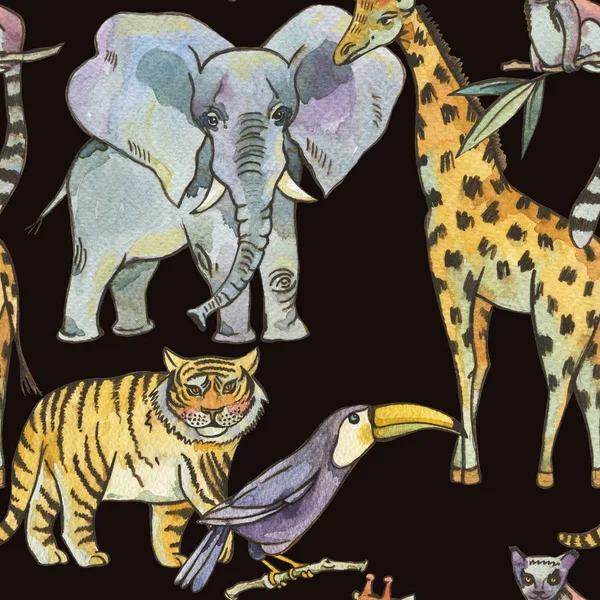 Akvarell sömlösa mönster med djungeldjur, naturliga exotiska — Stockfoto