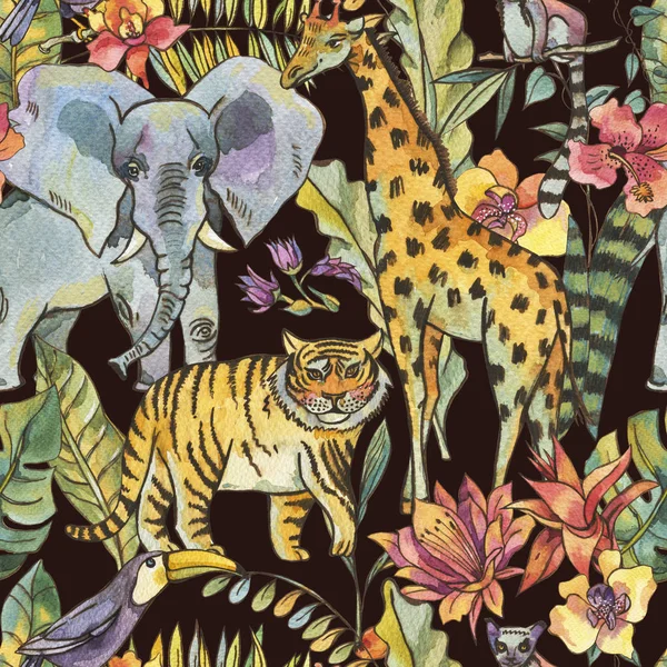 Aquarell Dschungel Nahtlose Muster Natürliche Exotische Tropische Grußkarte Mit Blumen — Stockfoto
