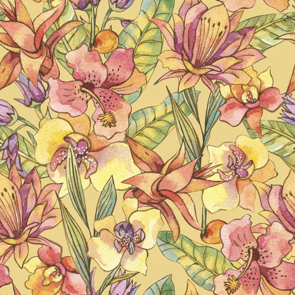 Watercolor seamless pattern, Exotic natural vintage blooming orc — Stock Photo, Image