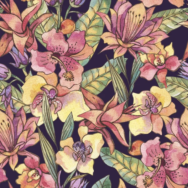 Watercolor seamless pattern, Exotic natural vintage blooming orc