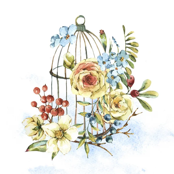 Söt akvarell naturliga blommig gratulationskort med vit ros — Stockfoto
