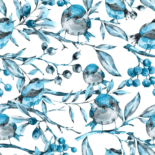 Cute watercolor natural floral seamless pattern with birds — Stock Photo, Image
