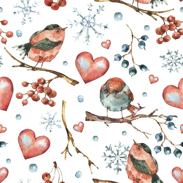 Winter watercolor natural seamless pattern with red heart, bird, — Stock Photo, Image