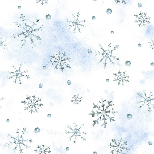 Watercolor winter seamless pattern with snowflakes, hand painted — Stock Photo, Image