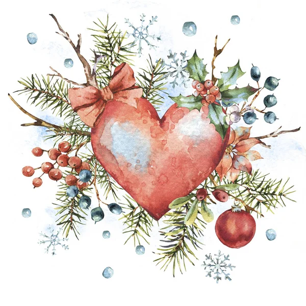 Kırmızı kalp ile kış Noel suluboya doğal tebrik kartı — Stok fotoğraf