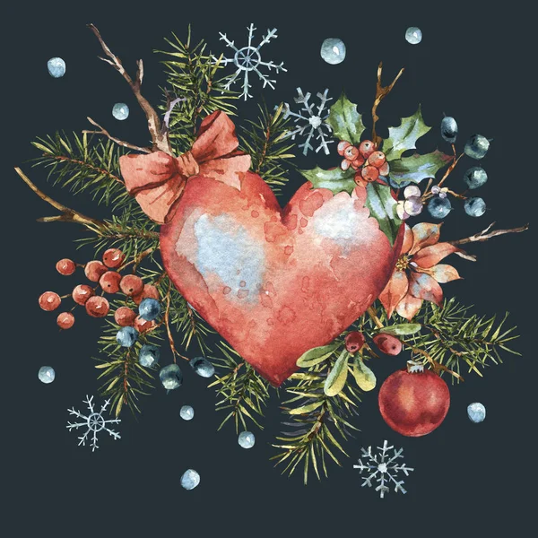 红色心的冬季圣诞水彩画天然贺卡 — 图库照片