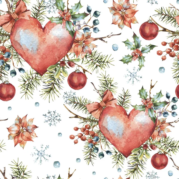 Winter Christmas watercolor natural seamless pattern with red heart — Stock Photo, Image