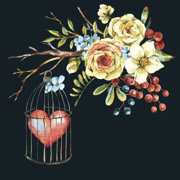 Söt akvarell naturliga blommig gratulationskort med vit ros, röd hjärta — Stockfoto