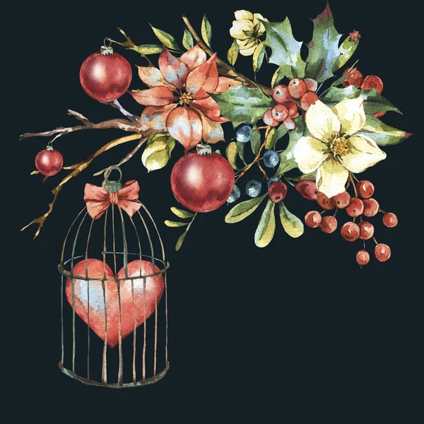Akvarell vintage blommig gratulationskort, nyår dekoration — Stockfoto