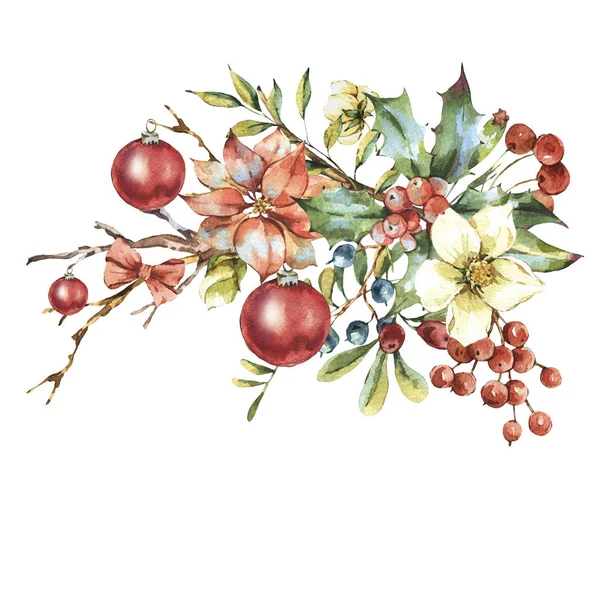 Cartão de saudação floral vintage aquarela, decoração de ano novo — Fotografia de Stock