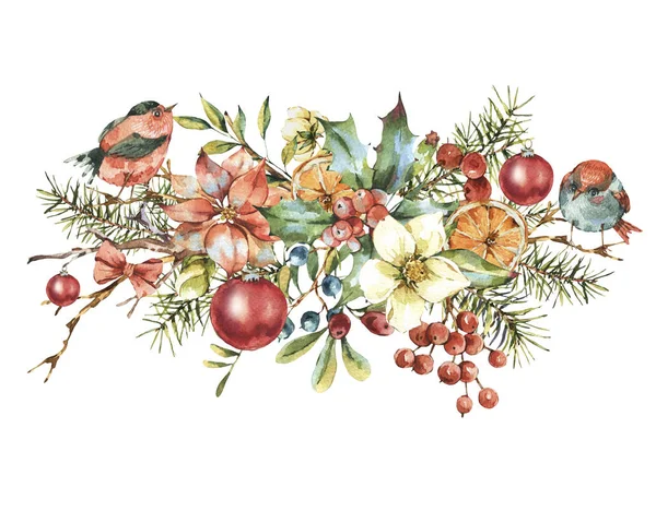 Akvarell vintage virágos üdvözlőkártya, újévi dekoráció — Stock Fotó