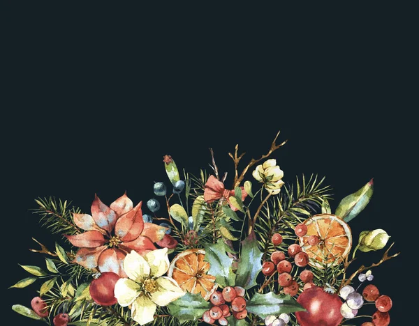 Aquarell Vintage Blumengrüßkarte Neujahrsdekoration Mit Weihnachtsstern Tannenzweigen Stechpalme Weihnachtskugeln Beeren — Stockfoto