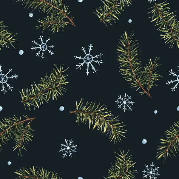 木の枝と雪の結晶冬水彩クリスマス シームレス パターン 黒背景 新年無限テクスチャ自然手塗りイラスト — ストック写真