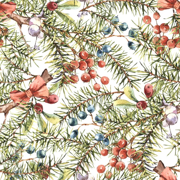 나무 가지와 겨울 수채화 크리스마스 원활한 패턴 — 스톡 사진