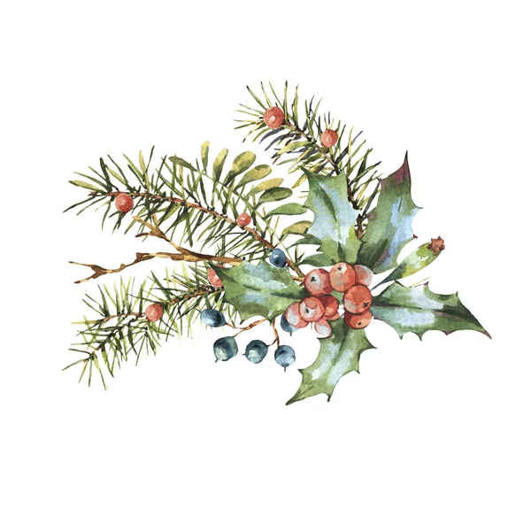 Watercolor Christmas vintage floral greeting card, New year decoration — Stock Photo, Image
