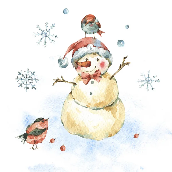 Winter Watercolor Christmas greeting card with cute sowman and bird — Stock Photo, Image