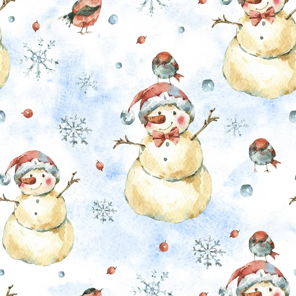 Winter Watercolor Christmas Seamless Pattern Cute Sowman Birds Natural Hand — Stock Photo, Image