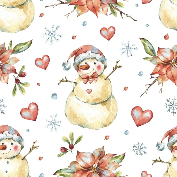 Winter Watercolor Christmas seamless pattern with cute sowman — Stock Photo, Image