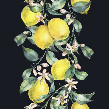 Suluboya vintage dikey sorunsuz kenarlık limon meyve