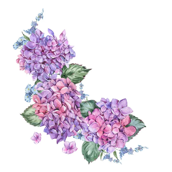 Wieniec kwiatowy lato akwarela z kwitnienie Hortensja, — Zdjęcie stockowe