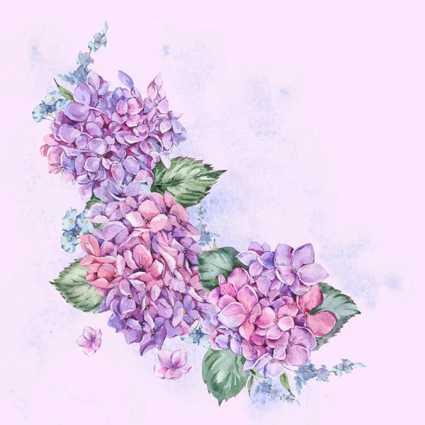 Zomer aquarel Vintage bloemen krans met bloeiende hortensia, — Stockfoto